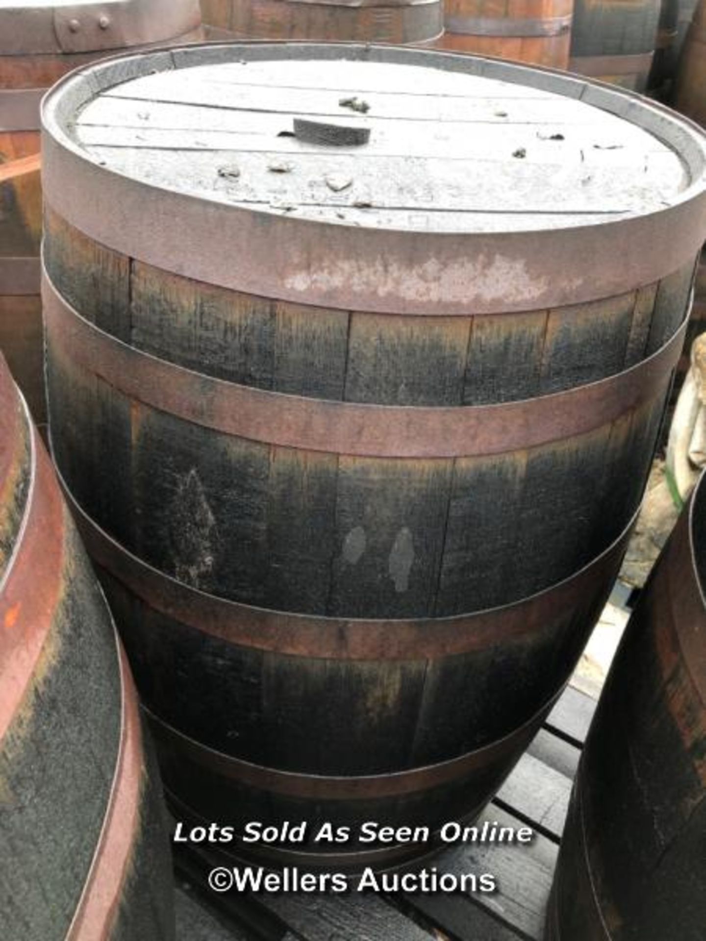 PAIR OF WHISKY BARRELS, EXAMPLE SHOWING IN IMAGE, 89CM (H), 212CM CIRCUMFRENCE, 56CM (DIA)