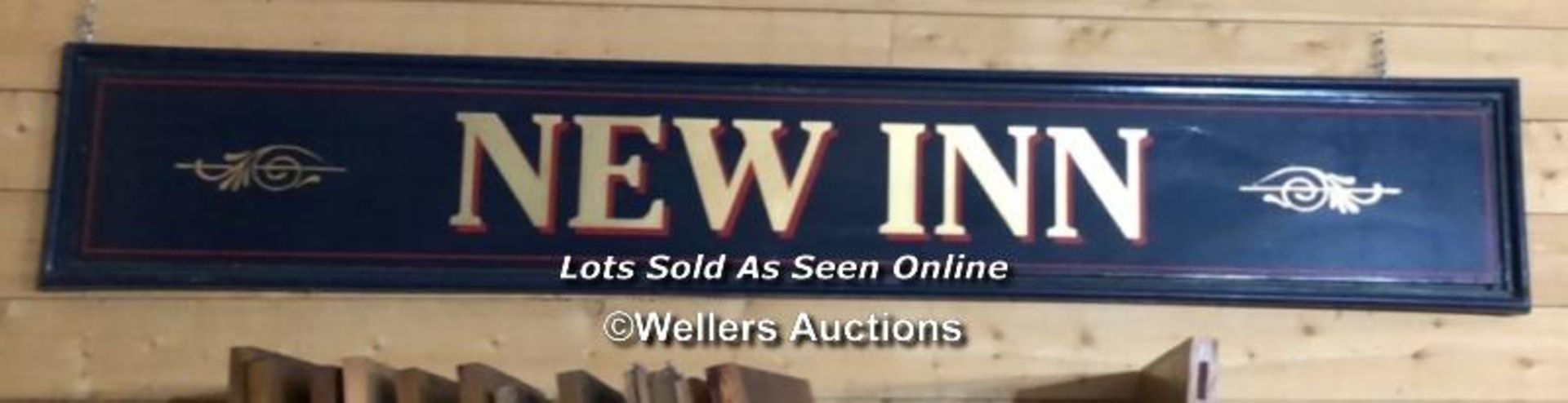 "NEW INN" PUB SIGN, 50CM (H) 300CM (W) X 6CM (D), RECLAIMED FROM THE ORIGINAL THWAITES & CO. LTD