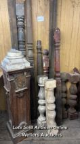 LARGE QUANTITY OF CARVED WOODEN PILLARS, PLINTHS AND SPINDLES