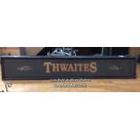 "THWAITES" PUB SIGN, 50CM (H) X 300CM (W) X 6CM (D), RECLAIMED FROM THE ORIGINAL THWAITES & CO.