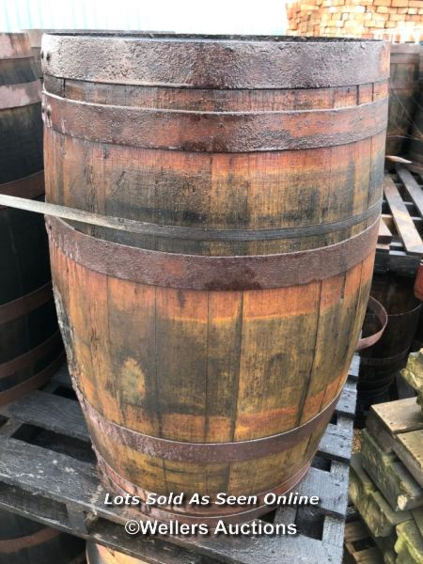 PAIR OF WHISKY BARRELS, EXAMPLE SHOWING IN IMAGE, 90CM (H), 210CM CIRCUMFRENCE, 55CM (DIA) - Image 2 of 4