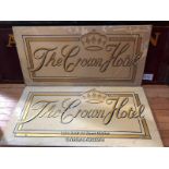 A PAIR OF "THE CROWN HOTEL" WOODEN SIGNS, BOTH 122CM (W) X 61CM (H)