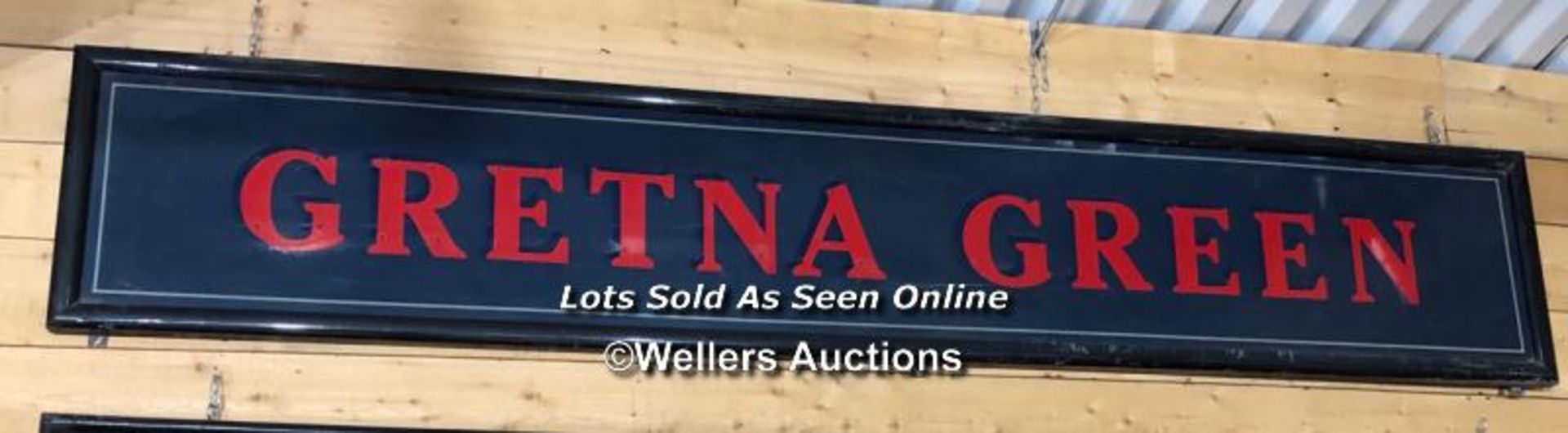 "GRETNA GREEN" PUB SIGN, 50CM (H) X 300CM (W) X 6CM (D), RECLAIMED FROM THE ORIGINAL THWAITES &