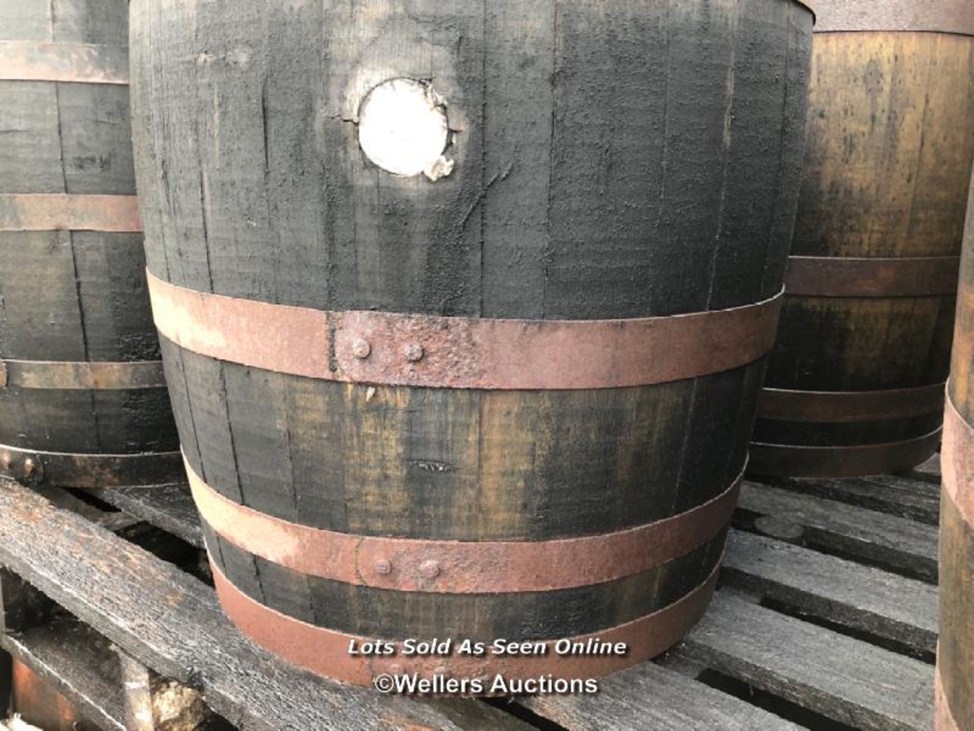 PAIR OF WHISKY BARRELS, EXAMPLE SHOWING IN IMAGE, 90CM (H), 210CM CIRCUMFRENCE, 55CM (DIA) - Image 2 of 4