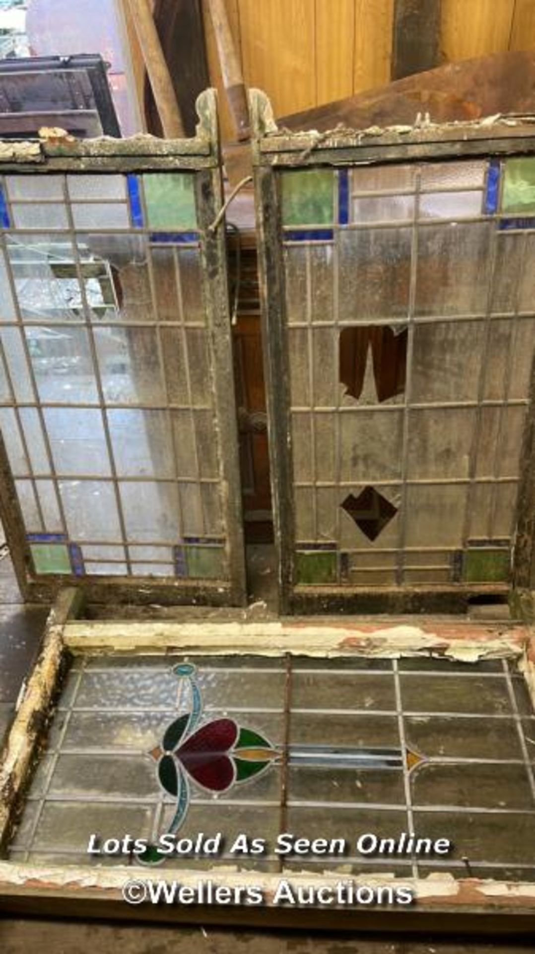 3X STAINED GLASS WINDOWS, 2X MATCHING FOR RESTORATION, OTHER IN GOOD CONDITION, LARGEST 81.5CM (H) X