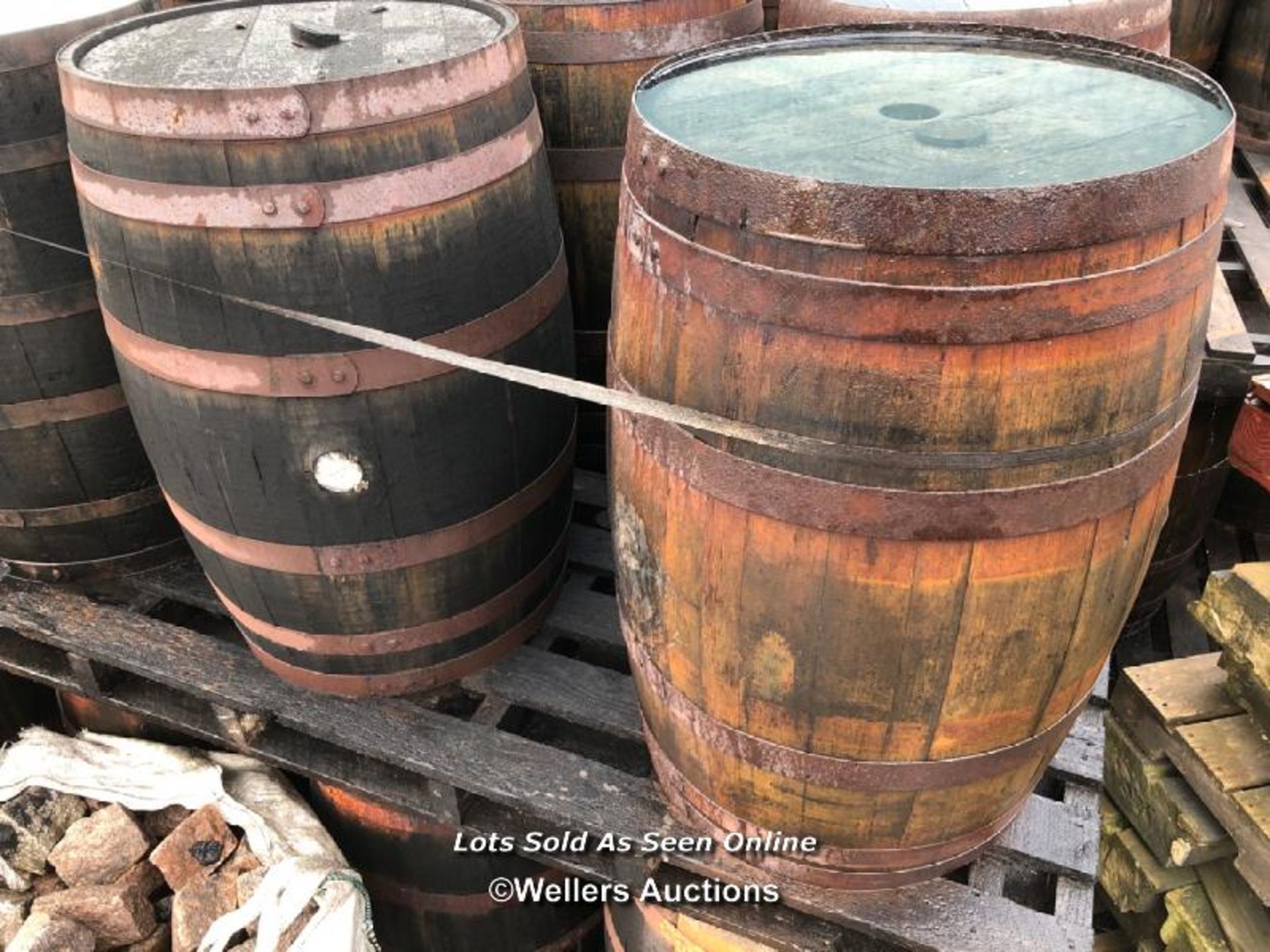 PAIR OF WHISKY BARRELS, EXAMPLE SHOWING IN IMAGE, 90CM (H), 210CM CIRCUMFRENCE, 55CM (DIA)