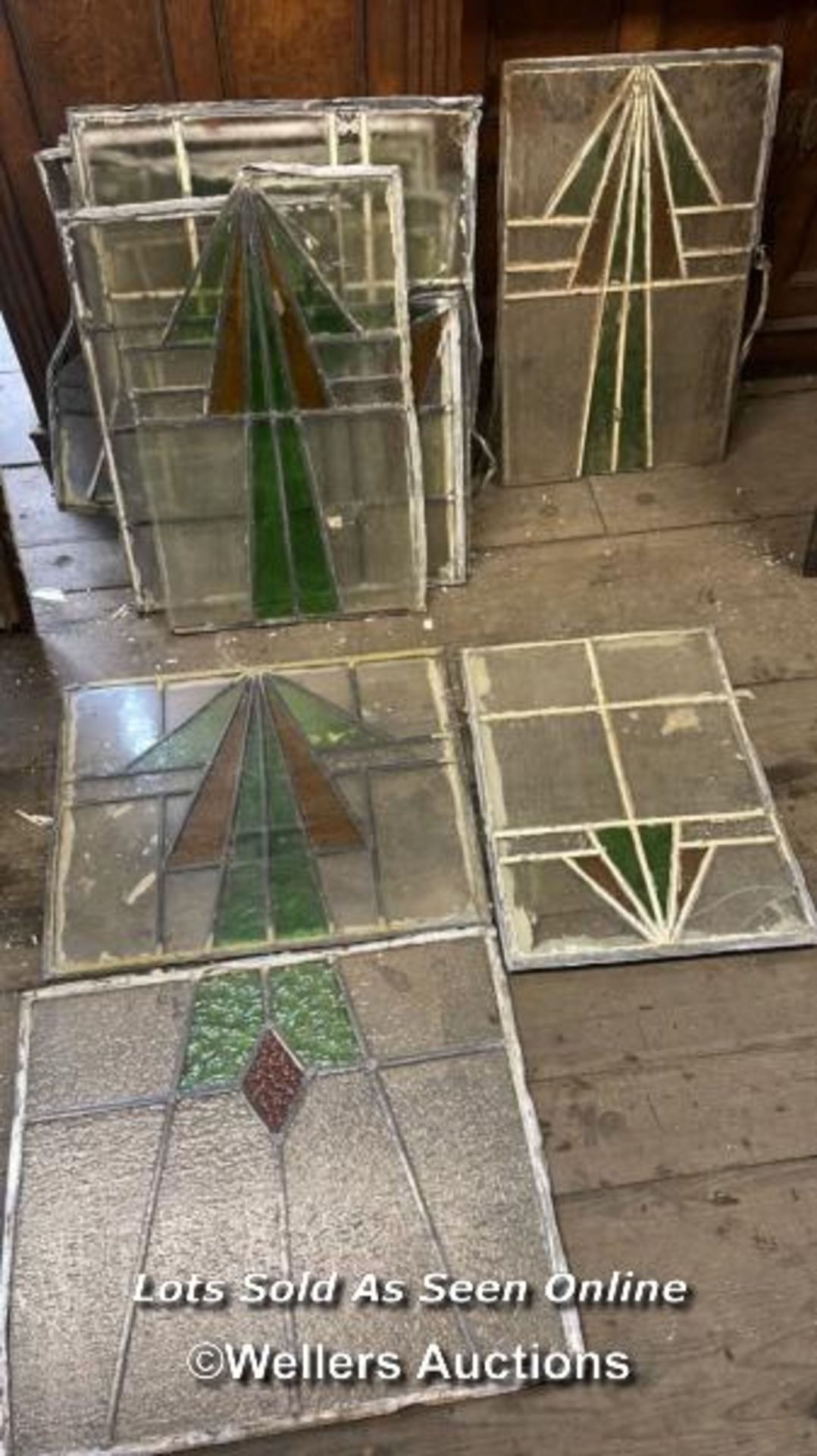 14X STAINED GLASS WINDOW PANES, ALL OF SIMILAR ART DECO DESIGN, FOR RESTORATION