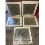5X MATCHING STAINED GLASS WINDOWS WITH WOODEN FRAMES, LARGEST 51CM (H) X 45CM (W), FOR RESTORATION