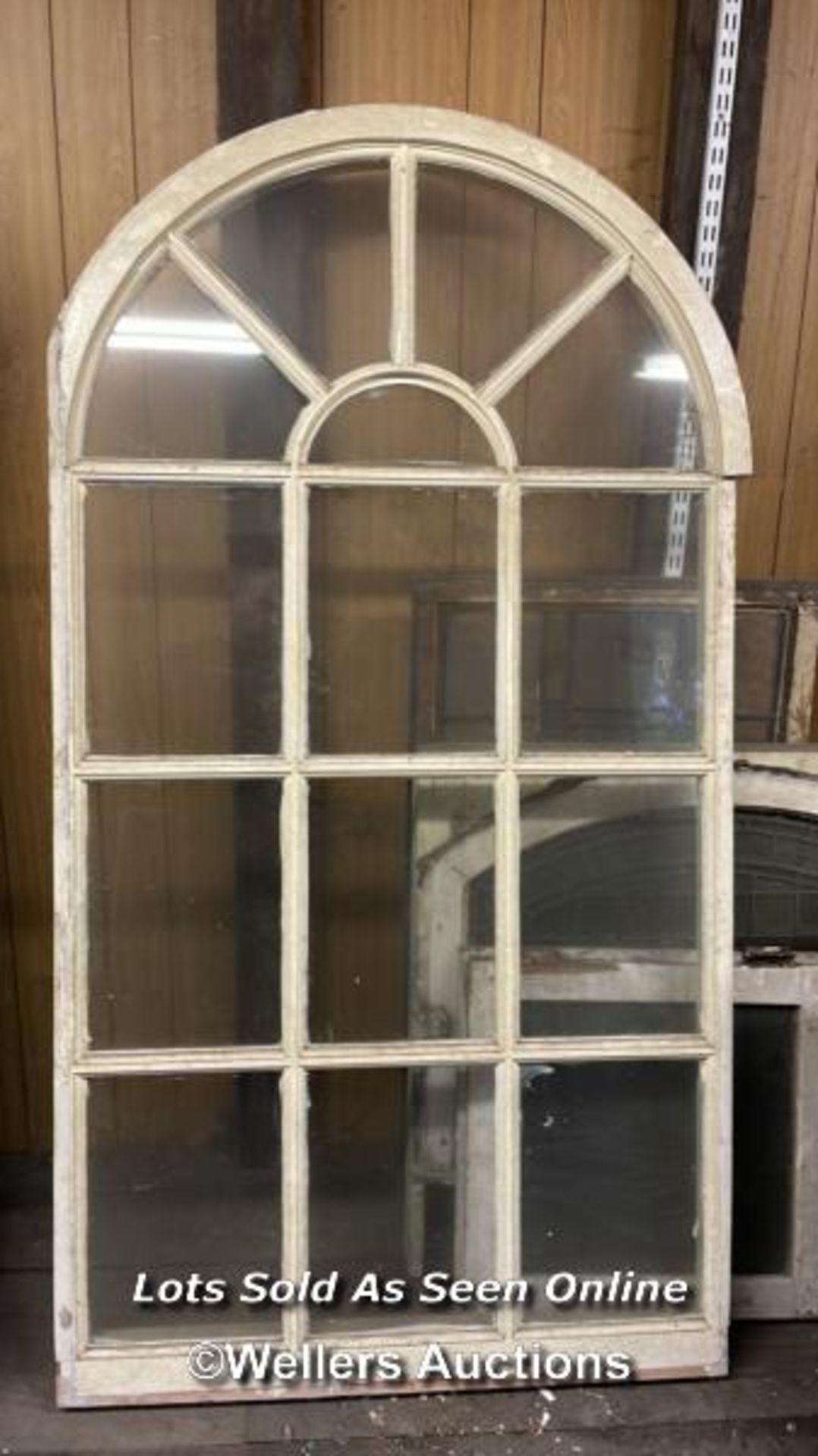 ARCHED WINDOW IN WOODEN FRAME, GLASS PANELS IN GOOD CONDITION, 89CM (W) X 165CM (H)