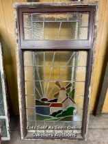 LARGE STAINED GLASS WINDOW DEPICTING WINDMILL ON LAKE, IN WOODEN FRAME, 98CM (W2) X 182CM (H),