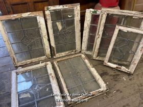 6X MATCHING STAINED GLASS WINDOWS WITH WOODEN FRAMES, LARGEST 66CM (H) X 49CM (W), FOR RESTORATION