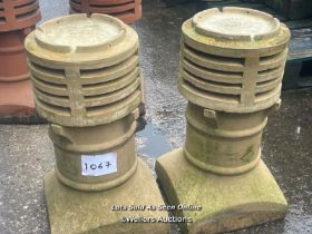 PAIR OF YELLOW CYLINDRICAL VENTED CHIMNEY POTS, 63CM (H) X 34CM X 34CM AT BASE