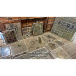 A GOOD SELECTION OF STAINED GLASS WINDOW PANES, VARIOUS SIZES AND DESIGNS, ALL FOR RESTORATION
