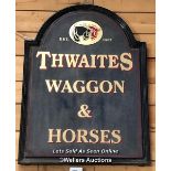 "THWAITES WAGGON & HORSES" FIBREGLASS PUB SIGN, 107CM (H) X 92CM (W) X 3CM (D), RECLAIMED FROM THE