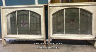 MATCHING PAIR OF STAINED GLASS WINDOWS WITH FLORAL CENTREPIECE AND WOODEN FRAMES, 86CM (W) X 79CM (