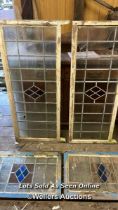 4X MATCHING STAINED GLASS WINDOWS WITH WOODEN FRAMES, LARGEST 61CM (H) X 130CM (W), FOR RESTORATION