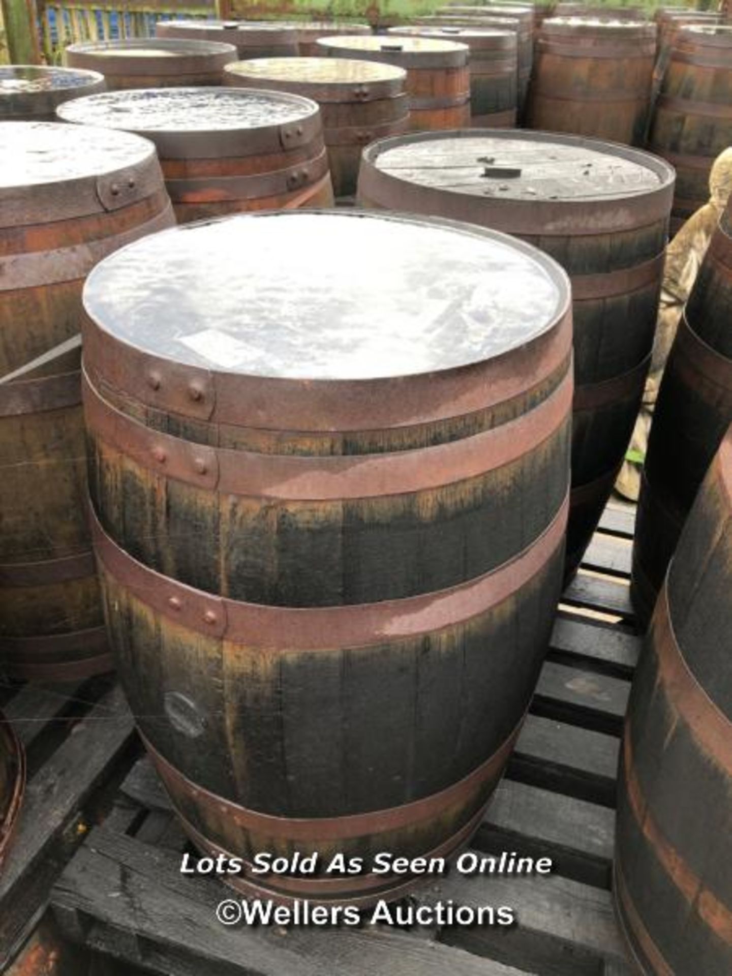 PAIR OF WHISKY BARRELS, EXAMPLE SHOWING IN IMAGE, 89CM (H), 212CM CIRCUMFRENCE, 56CM (DIA) - Image 4 of 4