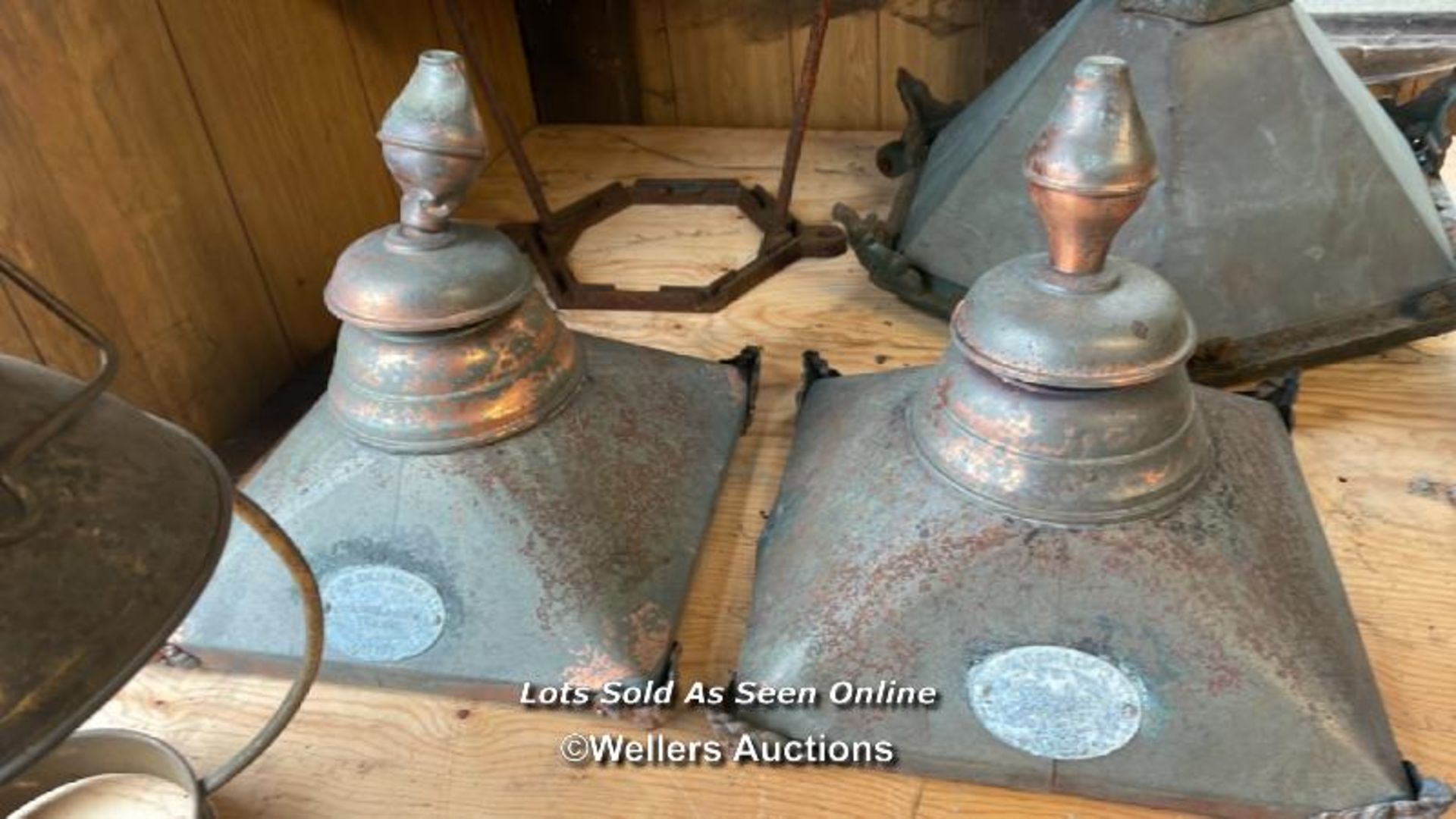 5X ASSORTED METAL LIGHT LAMP COVERS INCLUDING JOSEPH KNIGHT LAMP CO. LTD, LARGEST APPROX 59CM HIGH - Image 2 of 6