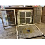 4X VARIOUS STAINED GLASS WINDOWS IN WOODEN FRAMES, LARGEST 117CM (W) X 90CM (H), FOR RESTORATION