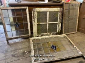 4X VARIOUS STAINED GLASS WINDOWS IN WOODEN FRAMES, LARGEST 117CM (W) X 90CM (H), FOR RESTORATION