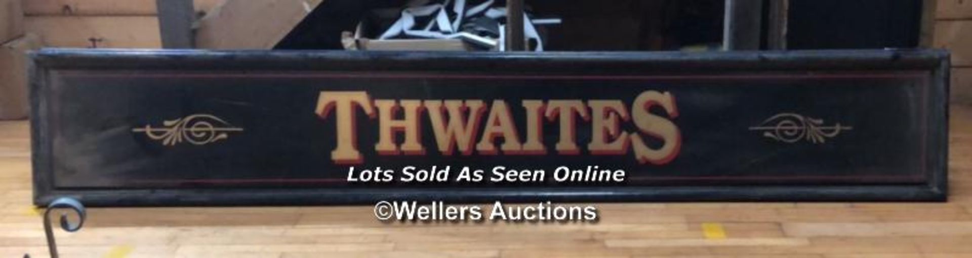 "THWAITES" PUB SIGN, 50CM (H) X 300CM (W) X 6CM (D), RECLAIMED FROM THE ORIGINAL THWAITES & CO.