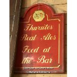 "THWAITES REAL ALES, FOOD AT THE BAR" FIBREGLASS PUB SIGN, 107CM (H) X 92CM (W) X 3CM (D), RECLAIMED