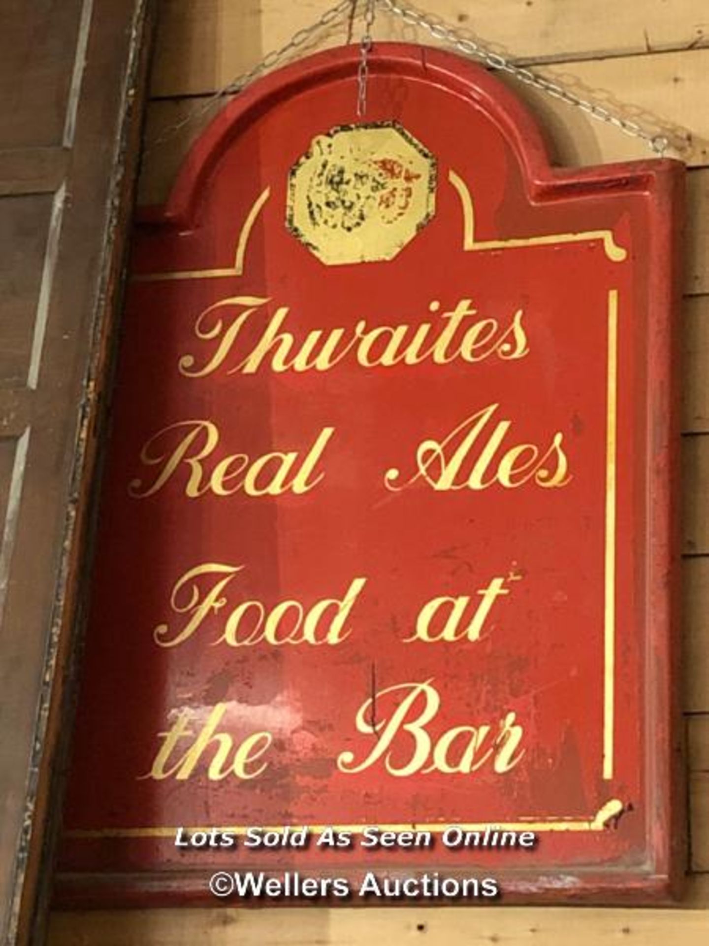 "THWAITES REAL ALES, FOOD AT THE BAR" FIBREGLASS PUB SIGN, 107CM (H) X 92CM (W) X 3CM (D), RECLAIMED