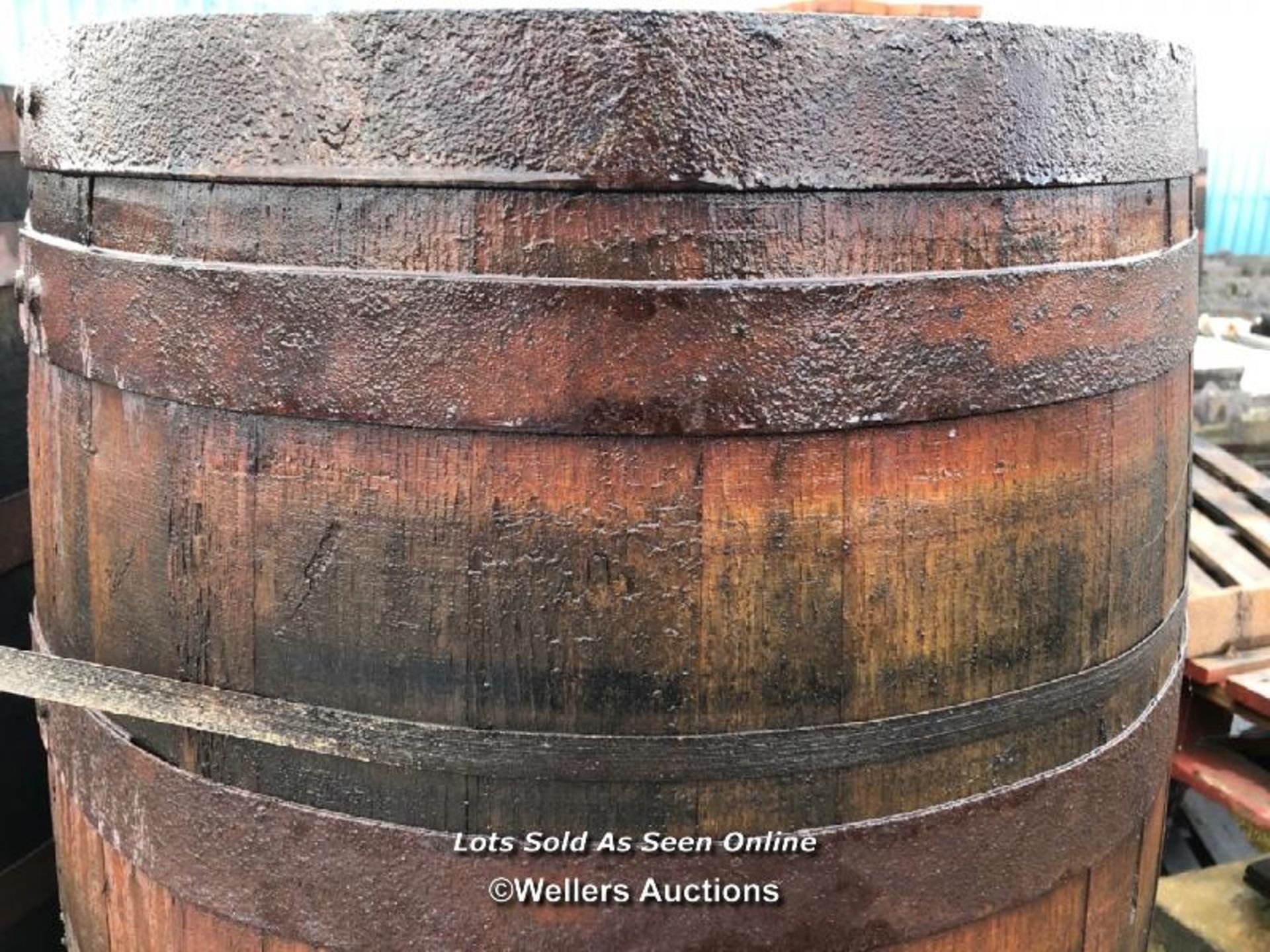 PAIR OF WHISKY BARRELS, EXAMPLE SHOWING IN IMAGE, 90CM (H), 210CM CIRCUMFRENCE, 55CM (DIA)