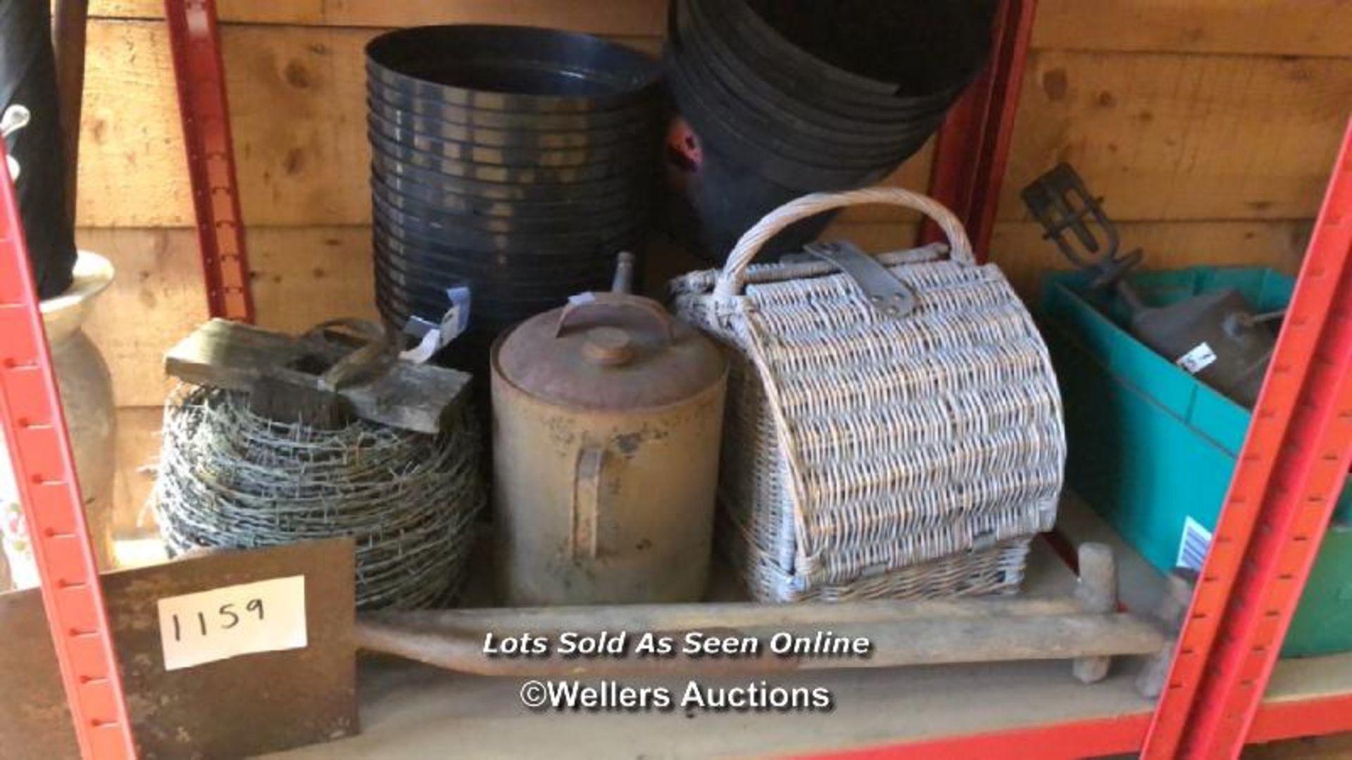 VINTAGE ASSORTMENT OF GROUNDWORK TOOLS, BARBED WIRE, PLANT POTS ETC.