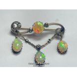 Late Victorian opal and old cut diamond bar brooch with opal and diamond chain, dangle drops the