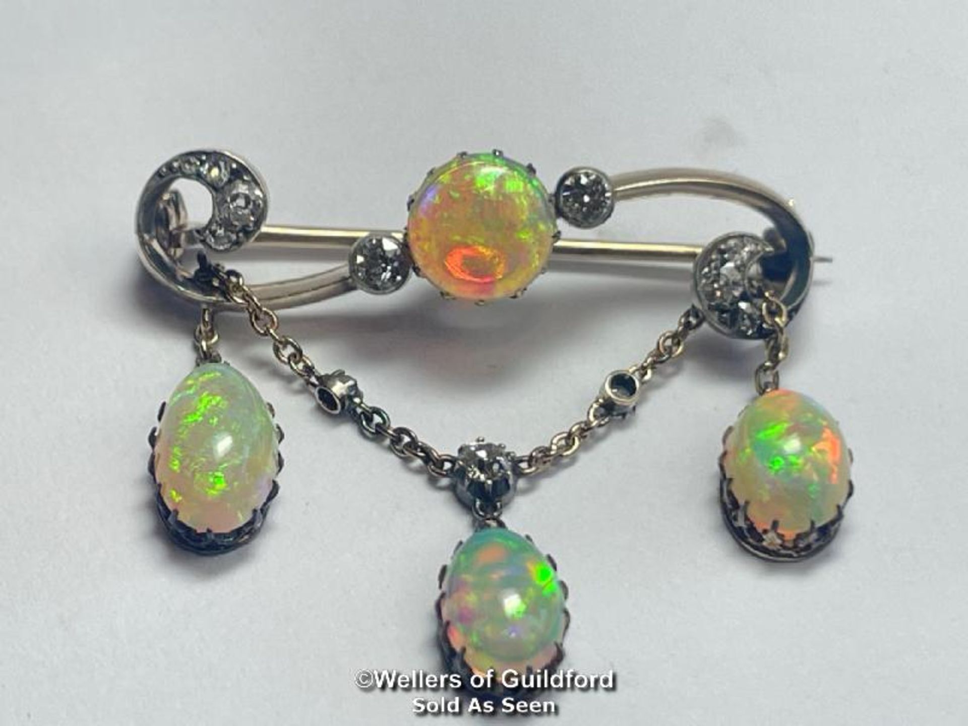 Late Victorian opal and old cut diamond bar brooch with opal and diamond chain, dangle drops the