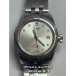 Tudor Geneve stainless steel wristwatch model M15000, 2.5cm dial with ten round brilliant cut