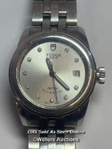 Tudor Geneve stainless steel wristwatch model M15000, 2.5cm dial with ten round brilliant cut