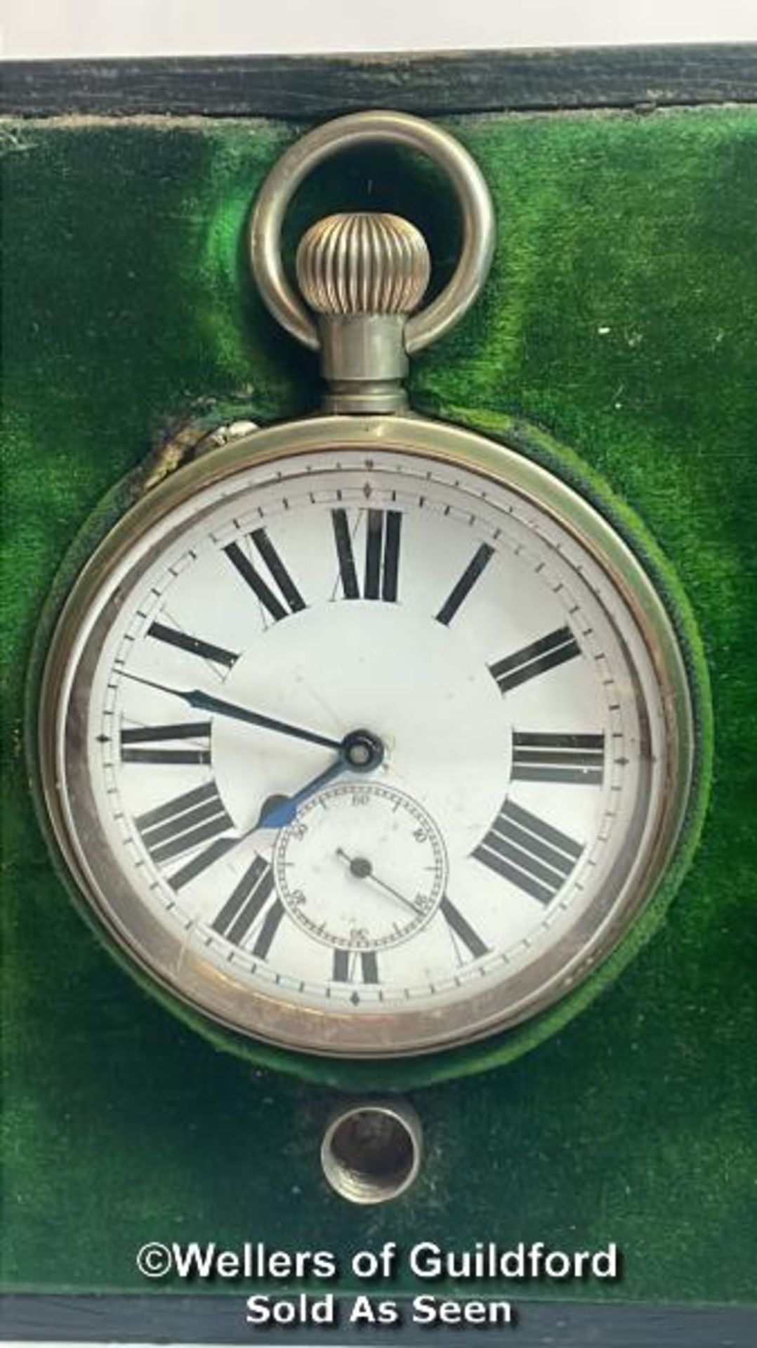 Argentan Goliath pocket watch in shagreen traveling /display case. Top winding mechanism, nickle - Image 2 of 7