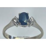 Oval sapphire and diamond three stone ring in 18ct gold. Estimated weight of saphire 0.67ct,
