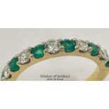 Emerald and diamond eternity half band stamped 18ct, ring size o, diamond weight 0.40ct estimated