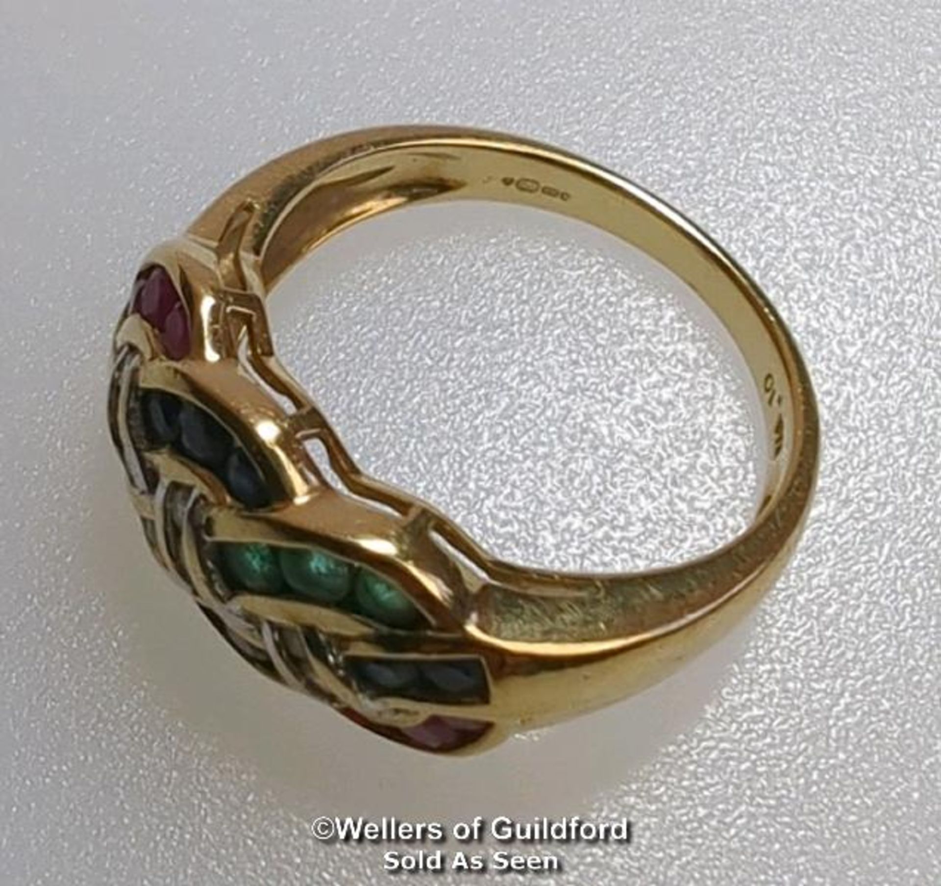 Diamond, sapphire, ruby and emerald knot ring in hallmarked 9ct gold. Diamond weight estimated as - Image 5 of 8