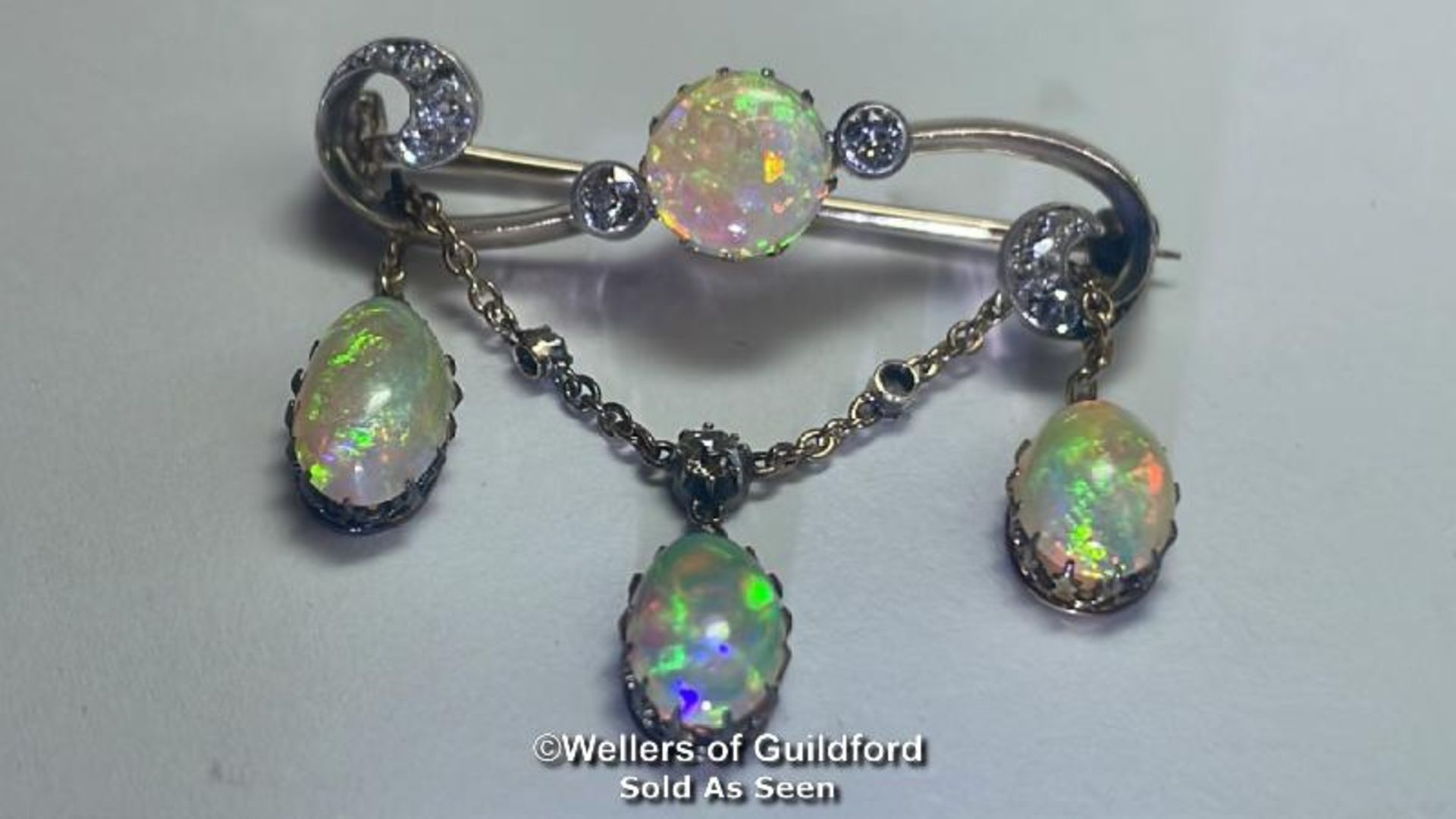 Late Victorian opal and old cut diamond bar brooch with opal and diamond chain, dangle drops the - Image 2 of 6