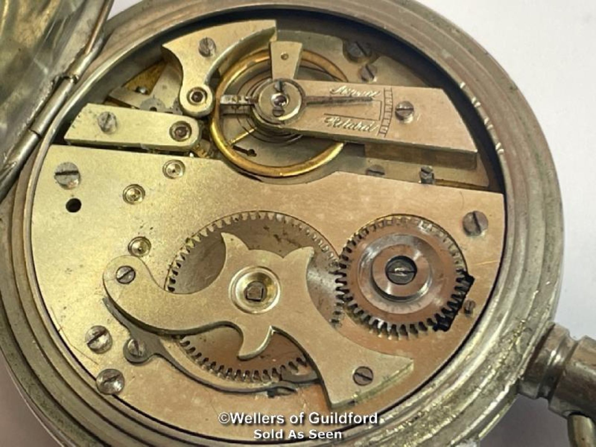 Argentan Goliath pocket watch in shagreen traveling /display case. Top winding mechanism, nickle - Image 6 of 7