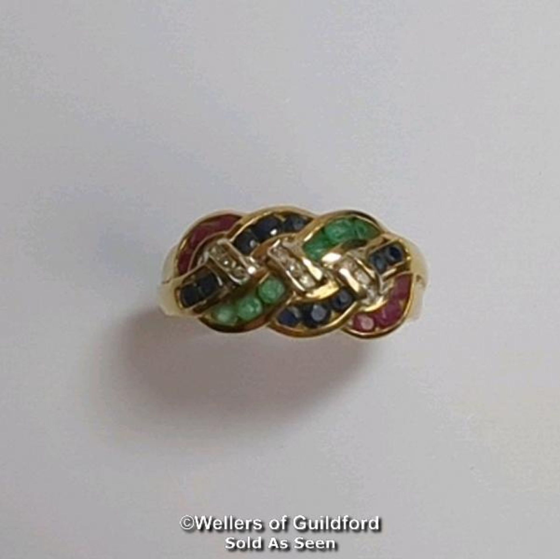 Diamond, sapphire, ruby and emerald knot ring in hallmarked 9ct gold. Diamond weight estimated as - Image 2 of 8