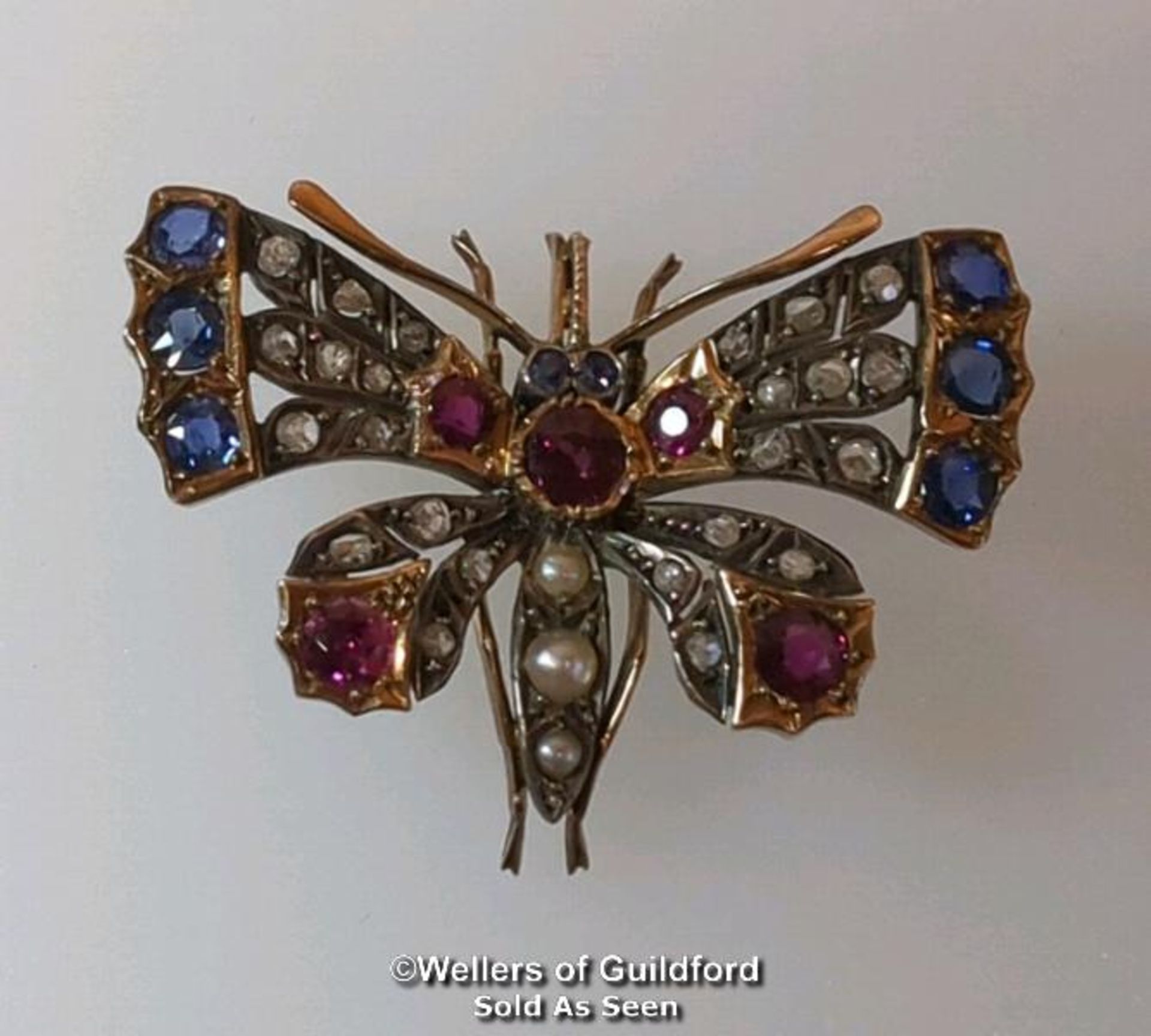 Late Victorian ruby, sapphire, diamond and pearl butterfly brooch with pendant loop and removable - Image 2 of 7