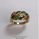 Diamond, sapphire, ruby and emerald knot ring in hallmarked 9ct gold. Diamond weight estimated as