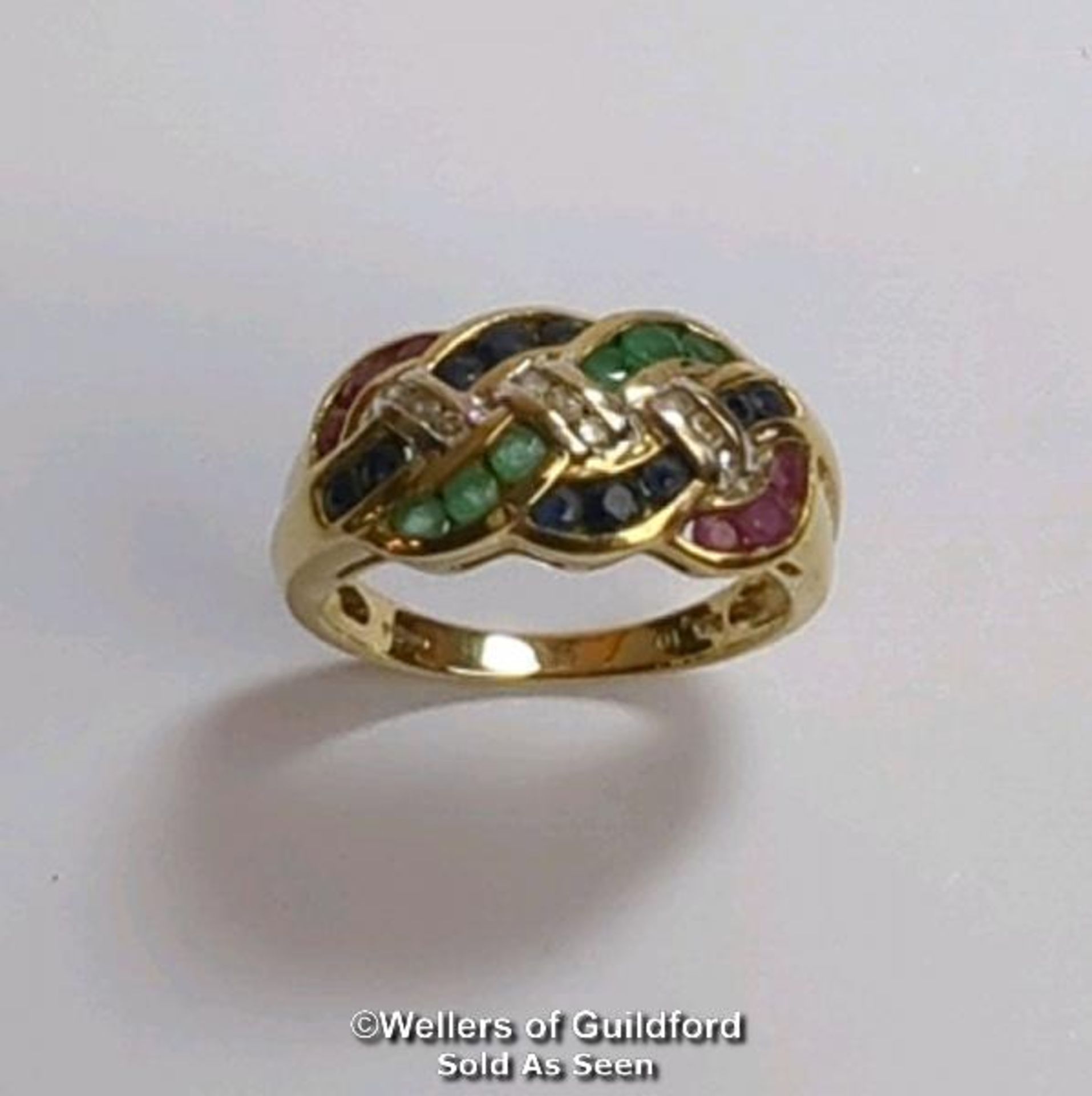 Diamond, sapphire, ruby and emerald knot ring in hallmarked 9ct gold. Diamond weight estimated as