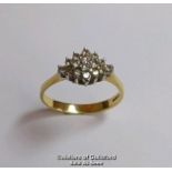 Diamond marquise cluster ring in hallmarked 18ct gold, London 1985. Diamond weight approximately 0.