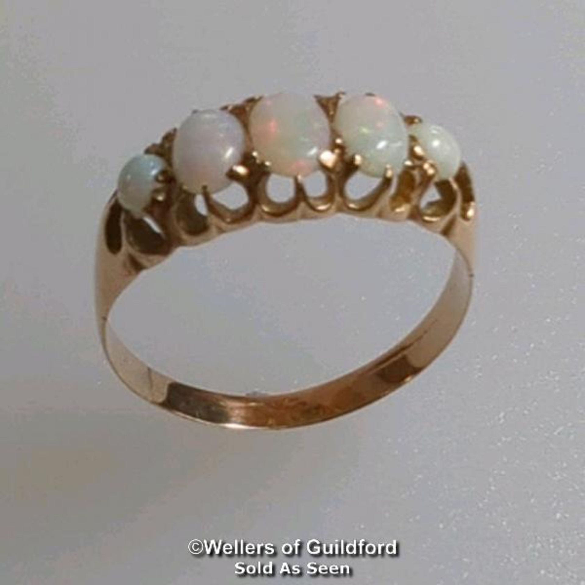 Opal five stone ring. Rubbed hallmark. Ring size O. Gross weight 1.42g. Condition - some wear to - Image 5 of 6