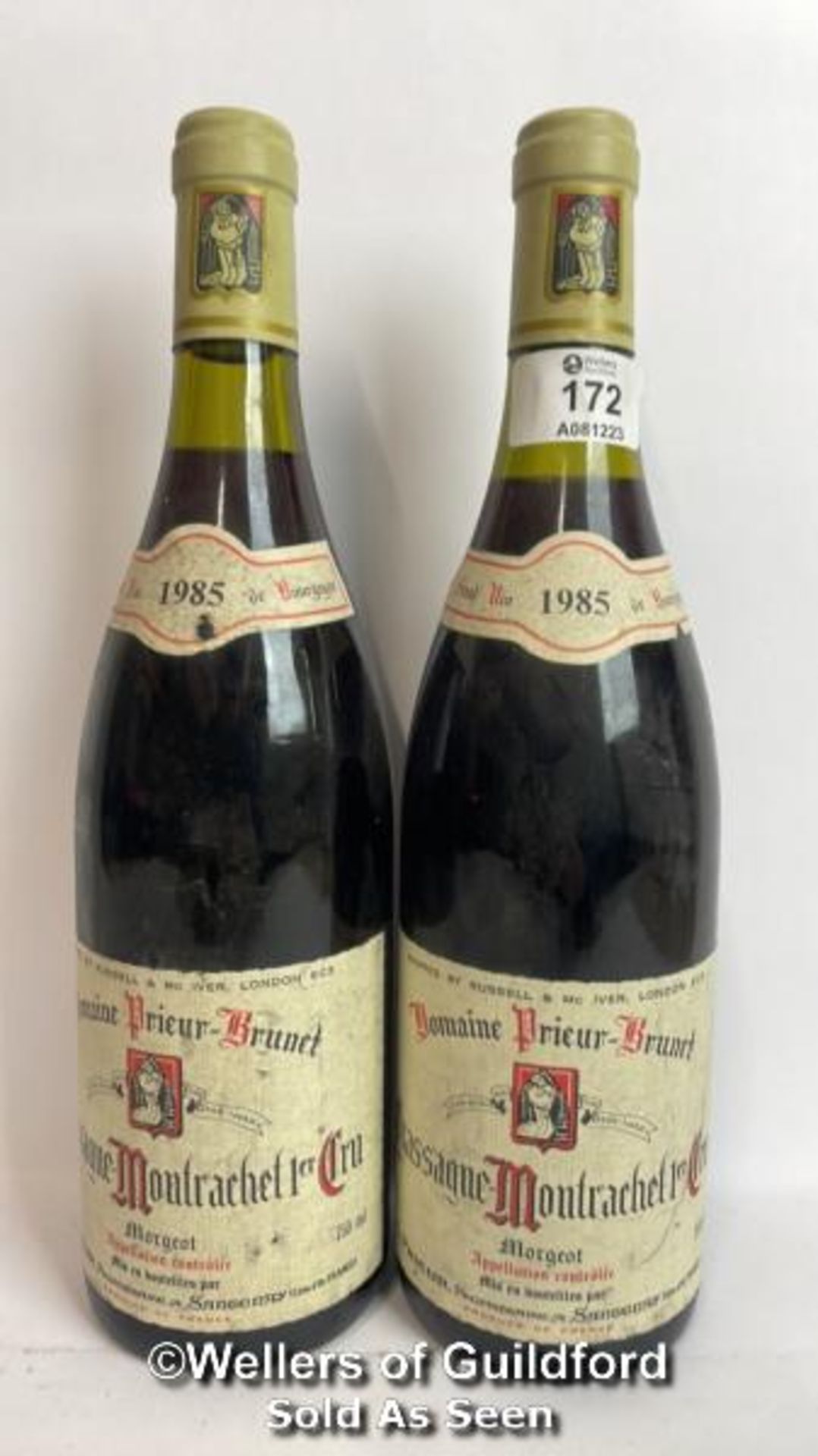 Two bottles of 1985 Domaine Prieur-Brunet Chassagne-Montrachet Premier Cru, 75cl, No vol indicated /
