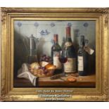 Raymond Campbell (b-1956) still life "Warres Vintage 1984", oil on board in decorative frame,