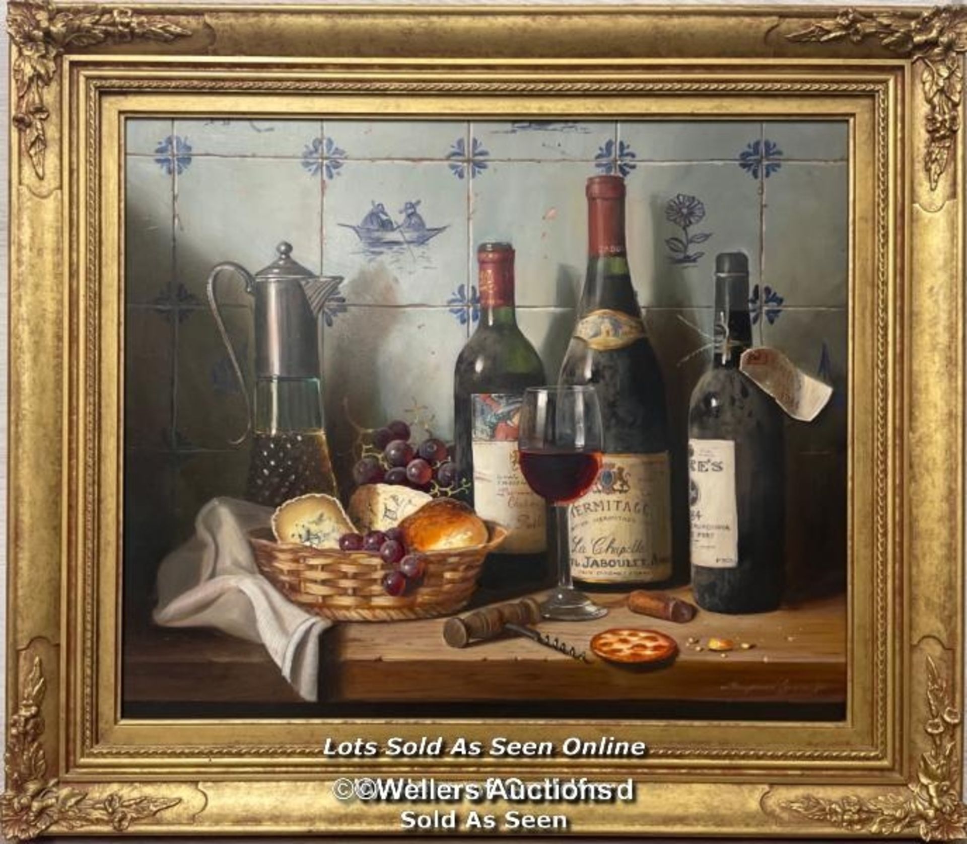 Raymond Campbell (b-1956) still life "Warres Vintage 1984", oil on board in decorative frame,