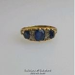 Sapphire and old cut diamond carved style antique ring. Not hallmarked. Ring size L. Gross weight