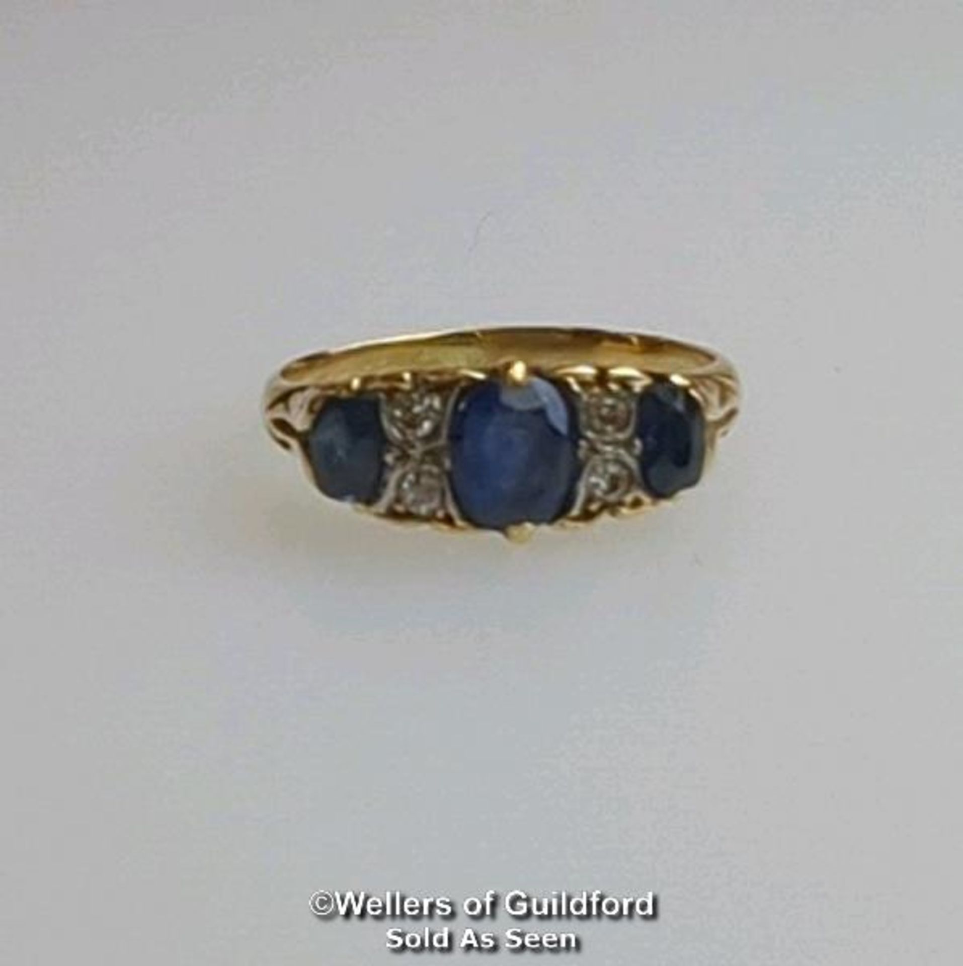 Sapphire and old cut diamond carved style antique ring. Not hallmarked. Ring size L. Gross weight